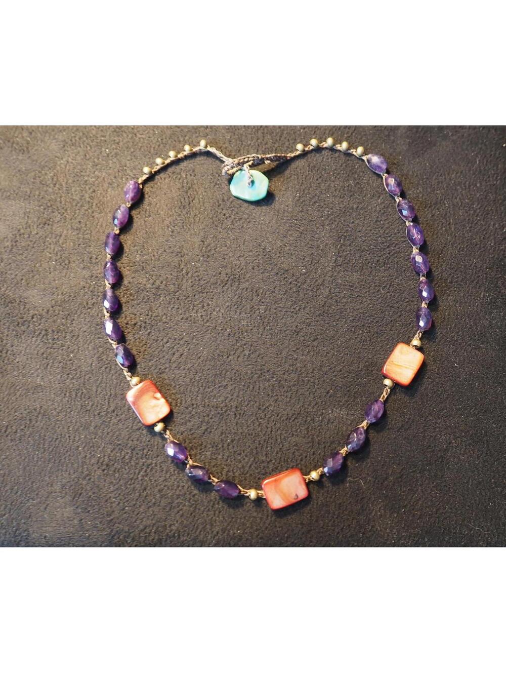 Bohemian Purple Bead & Orange Shell Beaded Necklace - Artisan Handcrafted